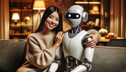 asian woman hug humanoid robot at home - obrazy, fototapety, plakaty
