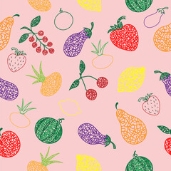 Seamless pattern with hand drawn watermelon, cherry, apple, pear, limon, strawberry,eggplant,currant, onion on pink background in childrens naive slyle.