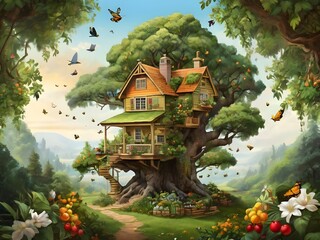 treehouse on tree illustration art background