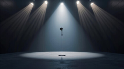 Empty concert stage have one microphone at center was illuminated with spotlight .