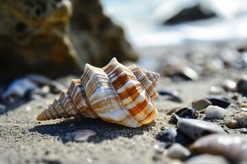 A solitary shankha shell, adorned with intricate patterns, rests delicately on the sandy beach, a symbol of the resilient beauty found in nature's smallest creatures