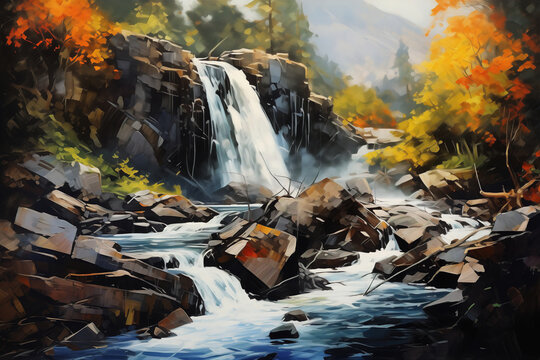 An autumn waterfall cascades down the mountain, its vivid colors and serene surroundings captured in a stunning outdoor painting