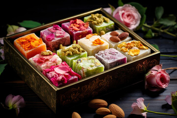 Fototapeta premium Turkish delight assortment in a traditional box, with rose, lemon, and pistachio flavors