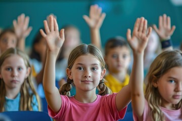 Fototapeta premium Diversity of elementary school students raise their hands to answer teacher questions in class room.