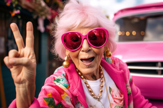 
Photo of a trendy grandmother taking a duck-face selfie with peace signs, wearing oversized sunglasses and a hip outfit