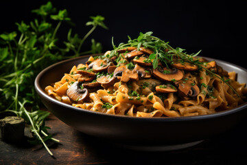 A vegan mushroom stroganoff, over whole grain pasta, in a ceramic dish, with a sprig of thyme