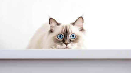 Birman cat looking directly into the camera on a white background. Generative AI