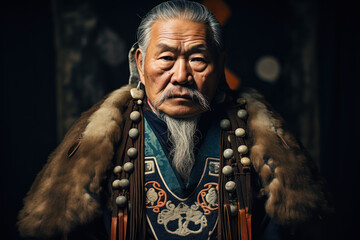 
Photograph of an Ainu elder, representative of the indigenous people of Japan, in traditional attire, with cultural symbols
