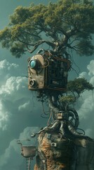 A surreal image depicting a world where nature and technology are seamlessly integrated, with trees growing out of machines