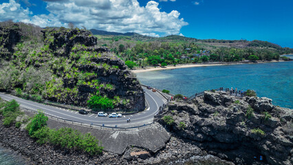 Aerial View of Road Next to Ocean in Mauritius