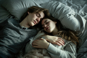 Fototapeta na wymiar happy couple sleeping in bed together