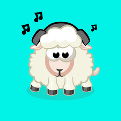 Cartoon sheep in headphones listening to the music