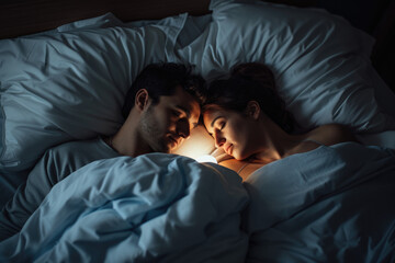 Fototapeta na wymiar happy couple sleeping in bed together
