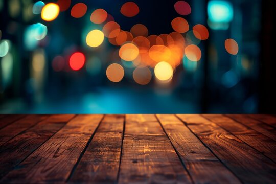 Wooden table with blurred bokeh background.