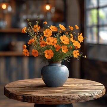 Orange Flowers On Empty Table Cafe On White Background, Illustrations Images