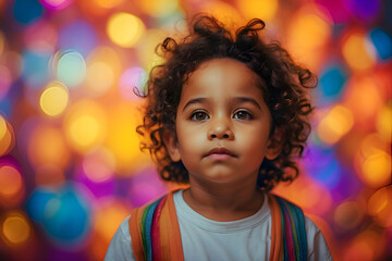 Fototapeta na wymiar Little child in a colorful background, child mental health concept, colorful childhood, generative AI