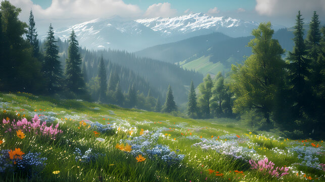 A beautiful landscape image of meadows and flowers