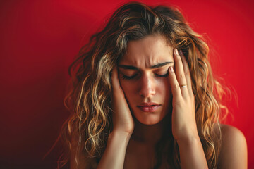 A pensive art model captures the beauty and vulnerability of the human face, her closed eyes conveying a sense of inner turmoil amidst the fashion photo shoot