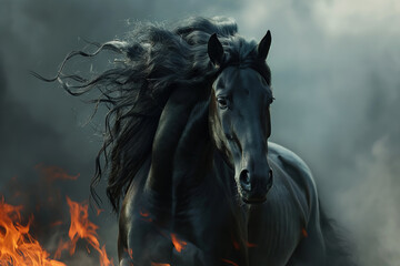A majestic mustang horse with a flowing mane races through the fiery landscape, embodying freedom and strength