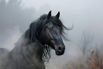 Against a moody sky, a majestic mustang stallion with a flowing black mane stands proudly in a foggy field, embodying the untamed spirit of nature