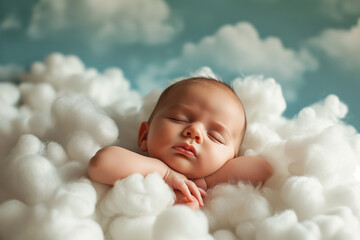 A cherubic newborn slumbers peacefully, cradled in a fluffy cloud of dreams