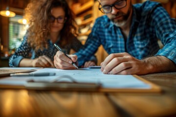 Fototapeta premium A real estate agent and a customer sign a contract to buy, insure or loan real estate. Rent a house, get insurance or loan real estate, or rent a property.