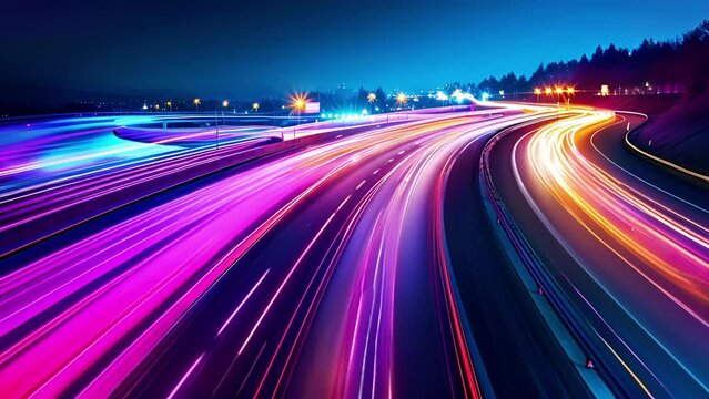 The highway comes to life in a blur of motion and light as cars streak past leaving behind a mesmerizing trail of vibrant colors.