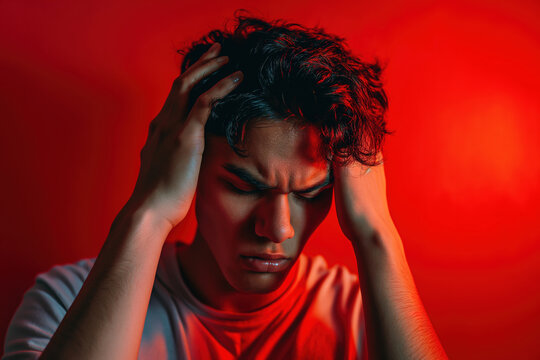 A distraught man leans against a red wall, his face contorted in agony as he holds his head in despair