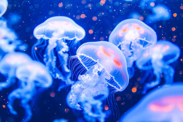 Glowing jellyfish gracefully drifting underwater, their tentacles trailing in a deep blue oceanic backdrop.