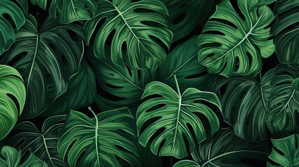 Abstract foliage and botanical background. Green tropical forest wallpaper of monstera leaves, palm leaf, branches in hand drawn pattern. Exotic plants background for banner, prints, decor, wall art. 