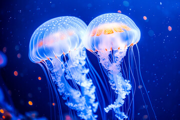 Glowing jellyfish gracefully drifting underwater, their tentacles trailing in a deep blue oceanic backdrop.