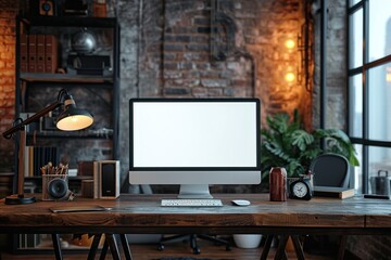 An empty workspace with a computer and equipment on a table and a loft wall behind it.