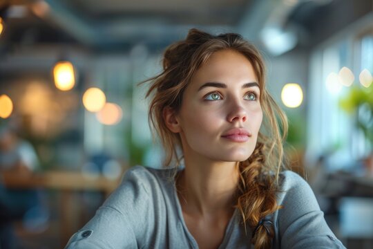 Contemplative startup businesswoman sitting in the creative office and looking away Think of new business ideas