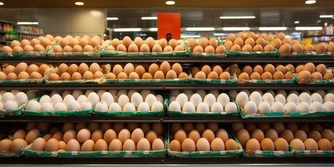 supermarket shelves full of eggs. ai generated - obrazy, fototapety, plakaty