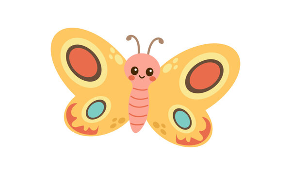 Vector flat yellow butterfly illustration Adorable cartoon character. Funny woodland, forest or garden insect. Cute bug illustration for kids isolated on white background