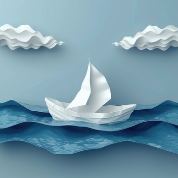 Origami Paper Boat Sailing On Water On White Background, Illustrations Images