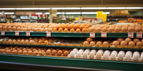 Naklejka premium supermarket shelves full of eggs. ai generated