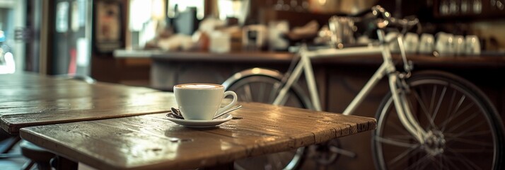 Bike and Coffee, cyclist taking a break at a cozy cafe with a bike parked nearby, background image, generative AI - obrazy, fototapety, plakaty