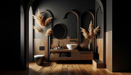 Interior of a modern dark bathroom featuring black walls, wooden floor, and dry plants. The design includes architectural arches