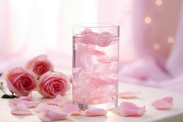 Rose Petal Romance: Rose-infused water in a romantic glass, with delicate rose petals.
