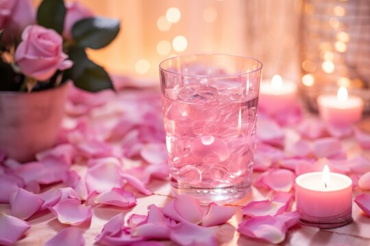 Rose Petal Romance: Rose-infused water in a romantic glass, with delicate rose petals.