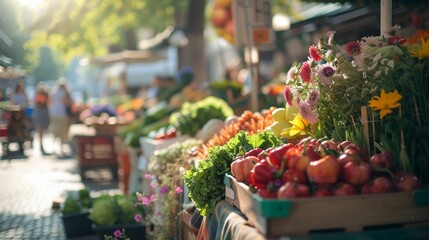 Fototapeta na wymiar Farmers' Market Bounty, farmers' market scene with stalls brimming with fresh produce and flowers, background image, generative AI