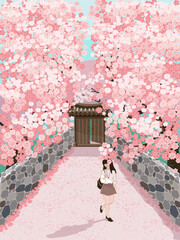 Vector Illustration of a Woman walking Alone on a Tranquil Country Path with Abundant Cherry Blossoms. Designs for Stationery, Cards, Notes, Posters, and Book Covers - 724481571