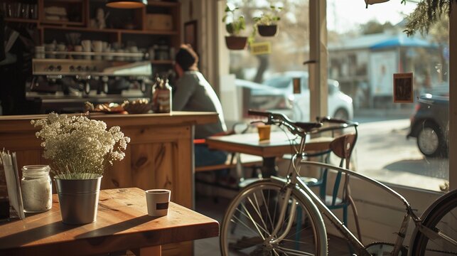 Bike and Coffee, cyclist taking a break at a cozy cafe with a bike parked nearby, background image, generative AI