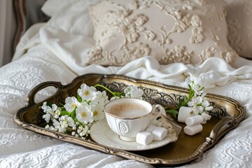 Luxurious bedroom interior with a tray with a cup, saucer, marshmallows and flowers on the bed