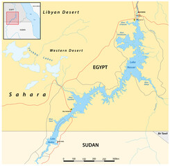 Vector map of Lake Nasser reservoir, Egypt, Sudan