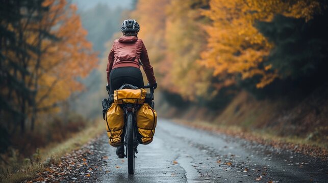 Bike Touring Adventure, cyclist loaded with touring gear, background image, generative AI