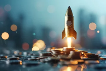 Fotobehang Rocket launch over coin stacks: a metaphor for explosive financial growth and startup success © CuratedAIMasterpiece