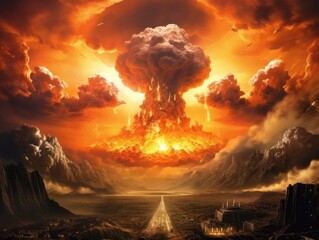 Nuclear explosion of atomic bomb. Catastrophic nuclear war. Bombing of a city, planet earth. Atomic bomb exploding. Radioactive cloud. Flames and black smoke. 