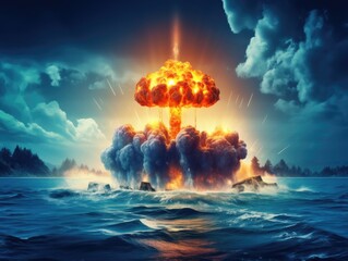 Nuclear explosion of atomic bomb. Catastrophic nuclear war. Bombing of a city, planet earth. Atomic bomb exploding. Radioactive cloud. Flames and black smoke. 